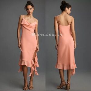Anthropologie Mare Mare Peach Draped Slip Midi Dress Ruffle Hem Size S NWT